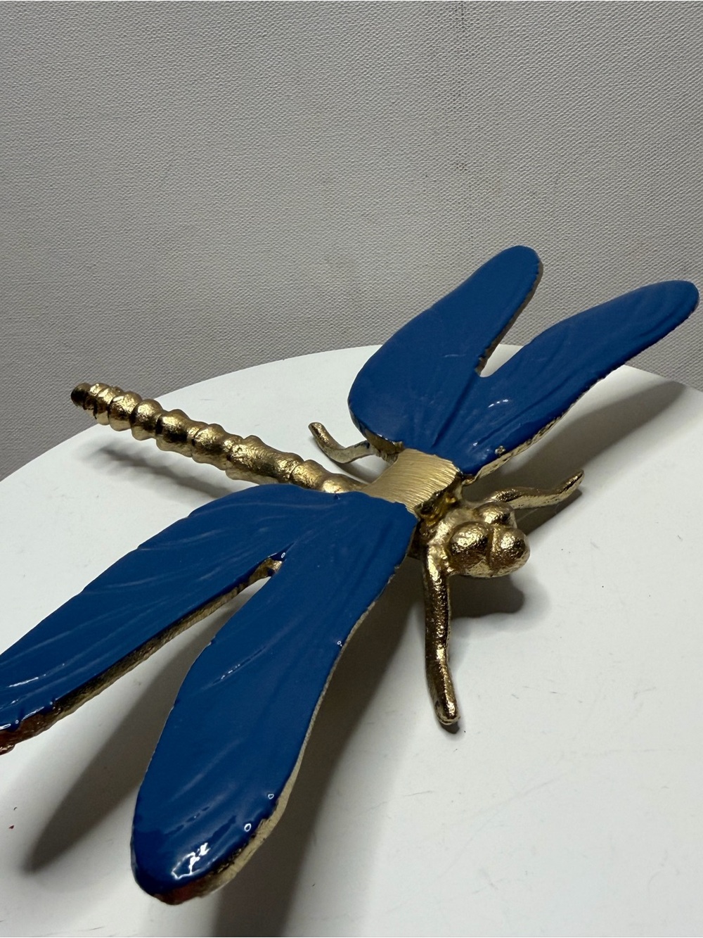 Metal Dragonfly Sculpture with Blue Enamel Wings